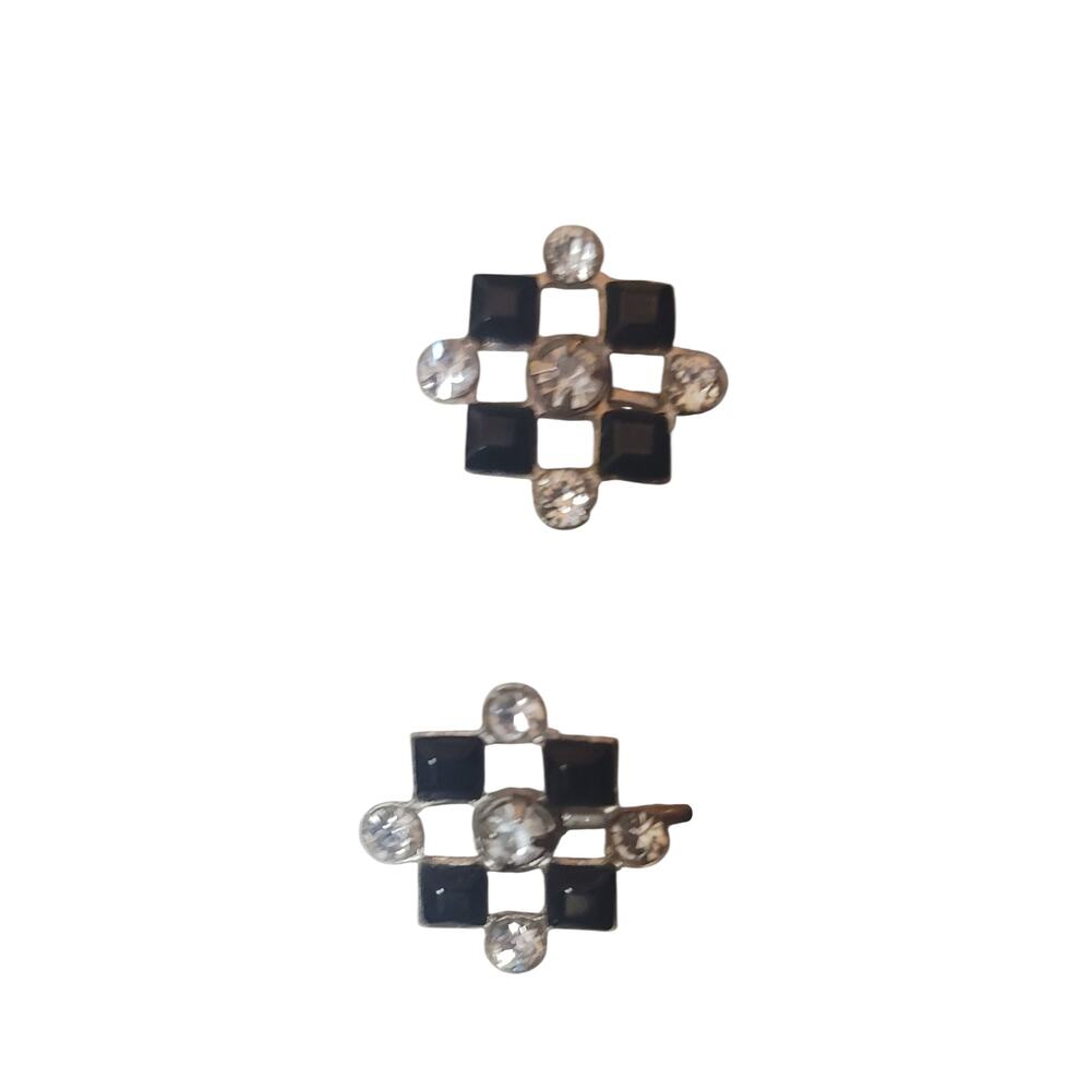 Vtg silver tone black and clear rhinestone earrings